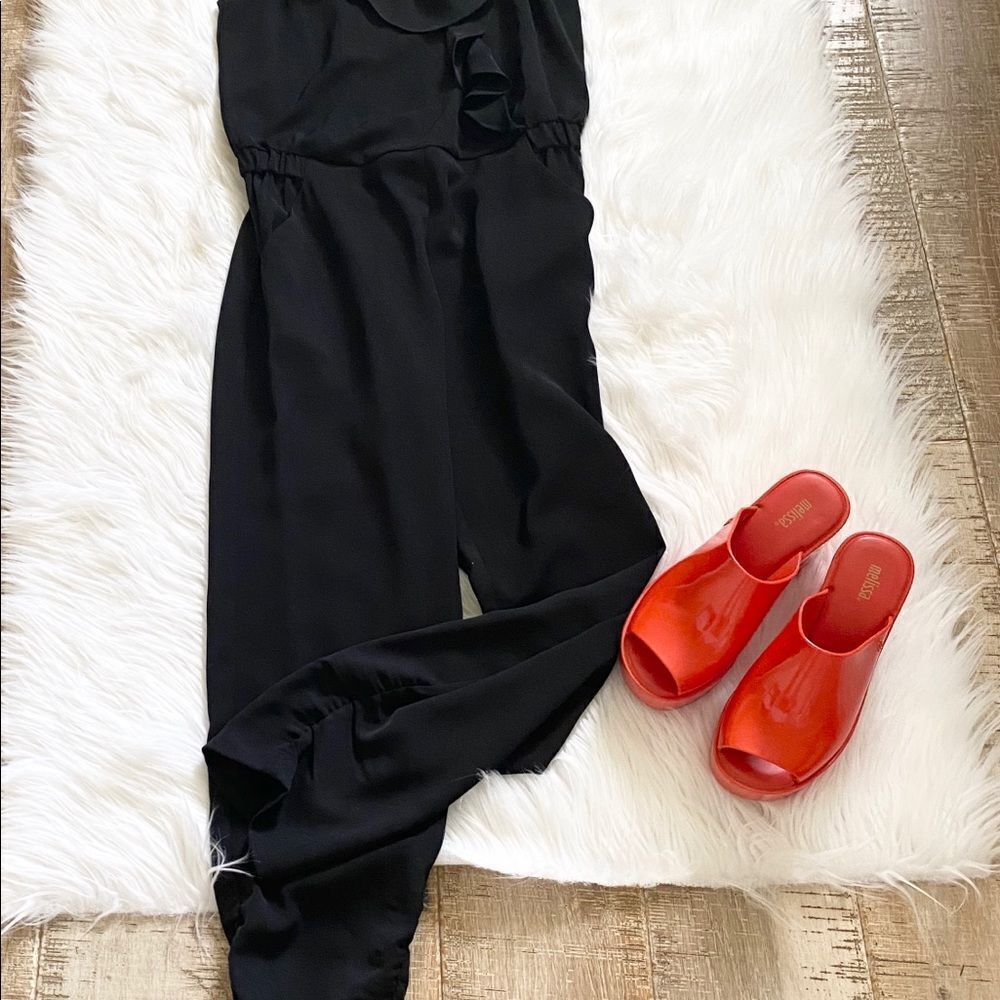 Nwt! Parker Addison Black Faux Wrap Asymmetric Shoulder Ruffle Jumpsuit 0 — image 7 of 8